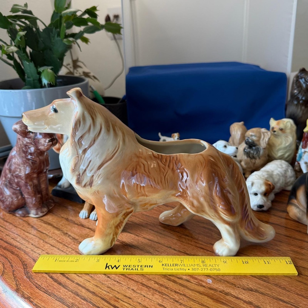 Vintage Collie Dog Ceramic Planter Large Lassie‎ Style Tan White Glazed Figurine